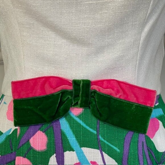 Vintage 1960's Linen Pink & Green Linen Floral High Waist Maxi Dress Vibrant - Picture 3 of 11